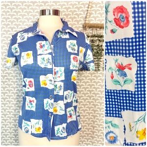 Vtg 90s Blue Plaid Floral Print Flower Button Down Shirt Polyester Y2K Jr Large